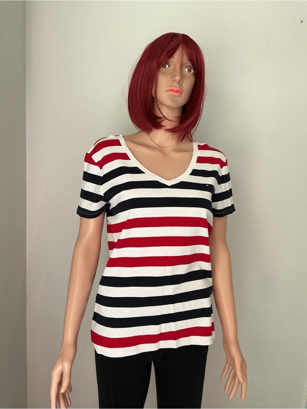Tommy Hilfiger Striped V-Neck Tee in Red, Black & White - Picture 3 of 9
